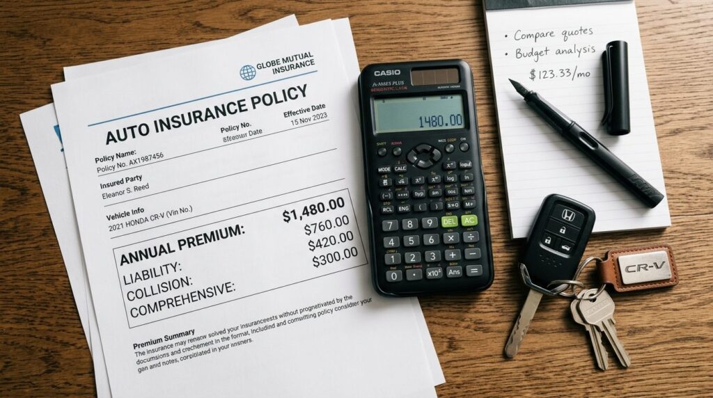 Realistic overhead flat lay composition of car insurance doc