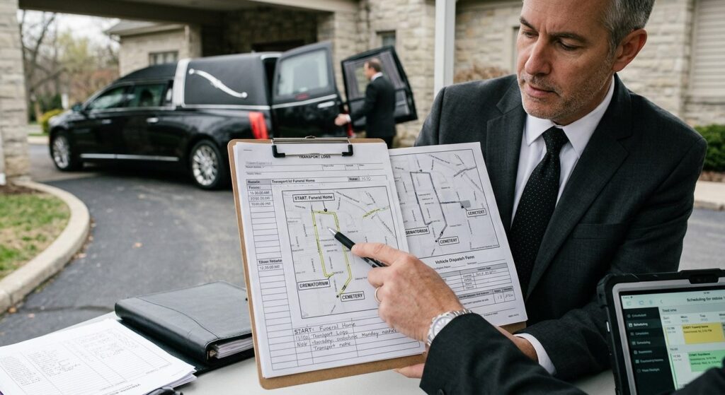 Detailed view of funeral transport route planning: Close-up 