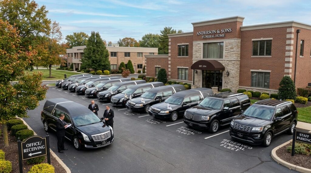 Funeral fleet management scene: Wide view of multiple black 