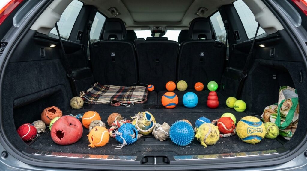 Photorealistic stock photo, 16:9 format: Dog toy balls of va