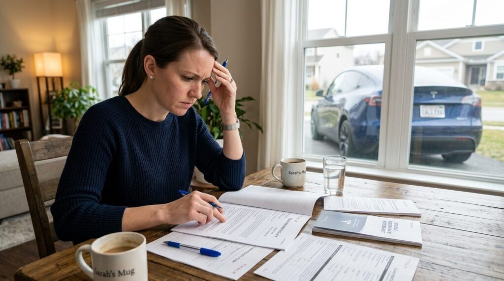 Photorealistic 16:9 stock photo of a concerned car owner exa
