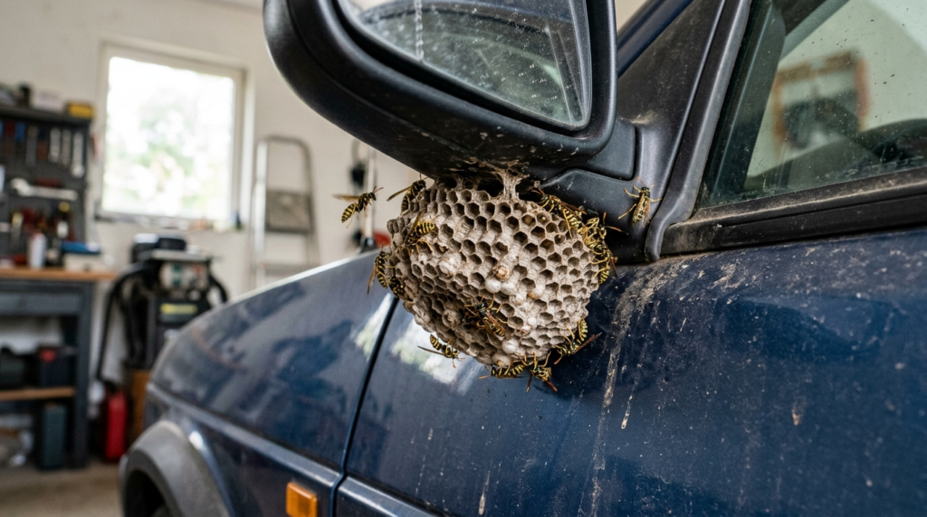 Dangerous wasp nest built under the side mirror and door fra