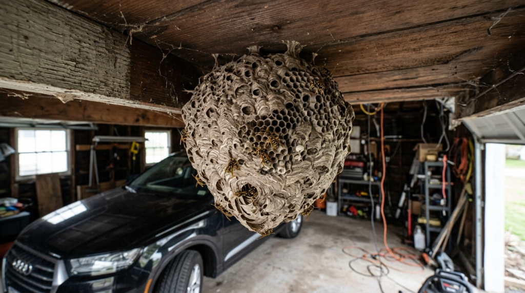 Close-up of a large paper wasp nest attached to garage ceili