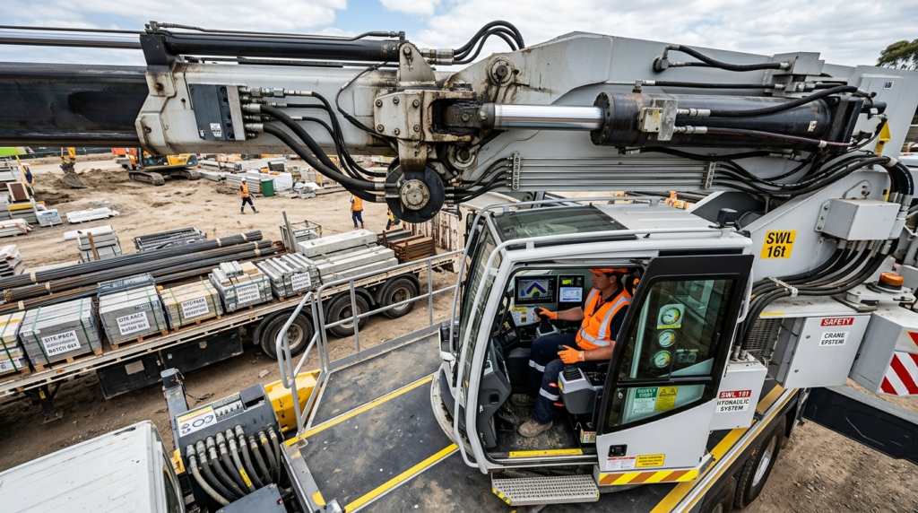 Close-up overhead view of a crane trucks hydraulic lifting 
