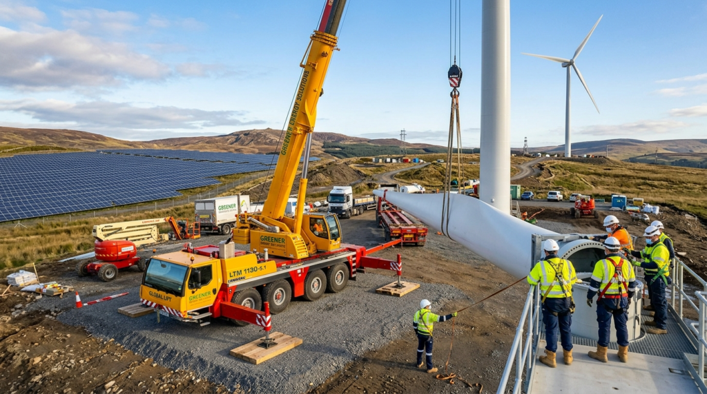 Wide-angle shot of a mobile crane truck efficiently completi