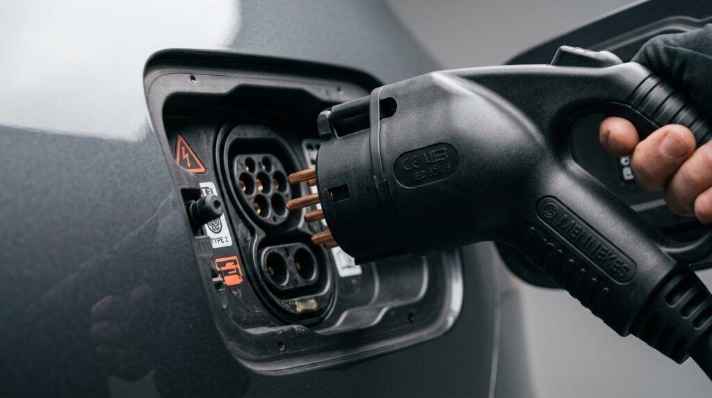 Close-up detail shot of a Type 2 connector plug being insert