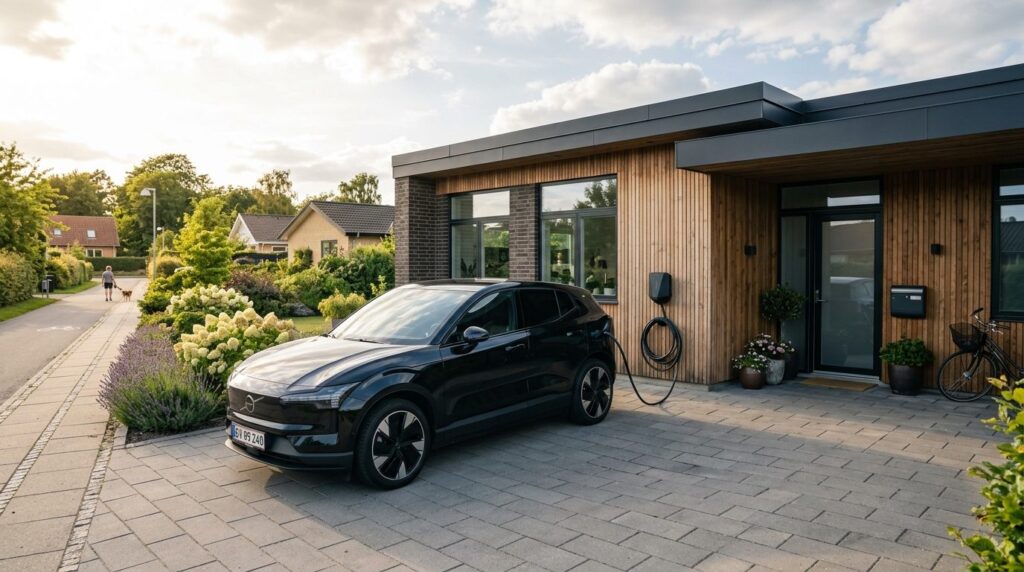 Wide angle shot of a modern residential driveway featuring a