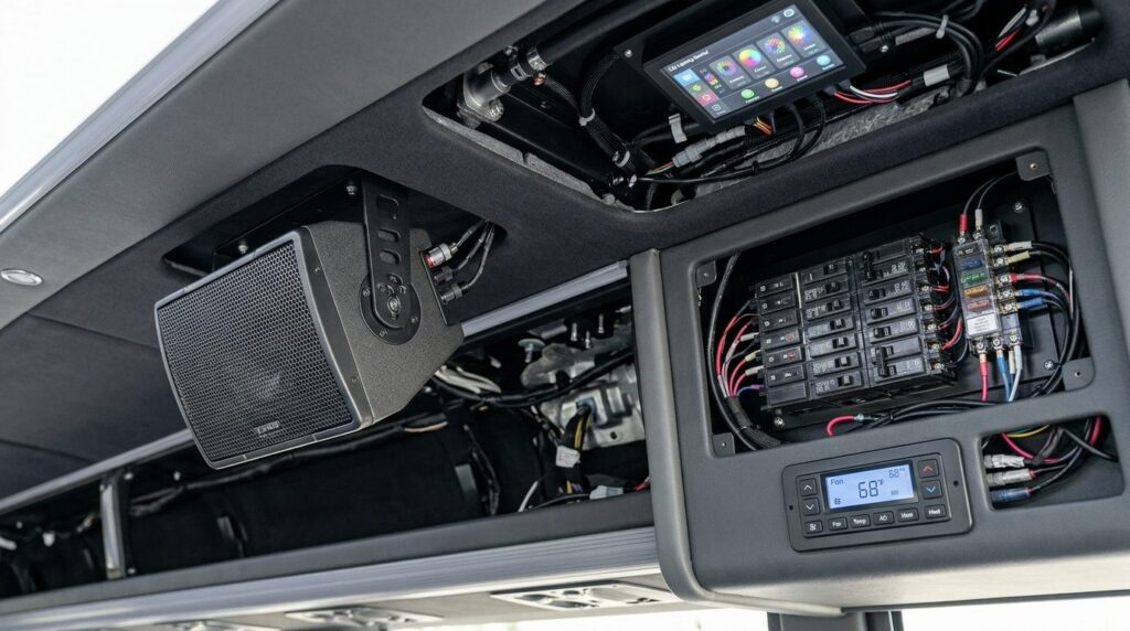 Close-up professional photograph of party bus technical comp