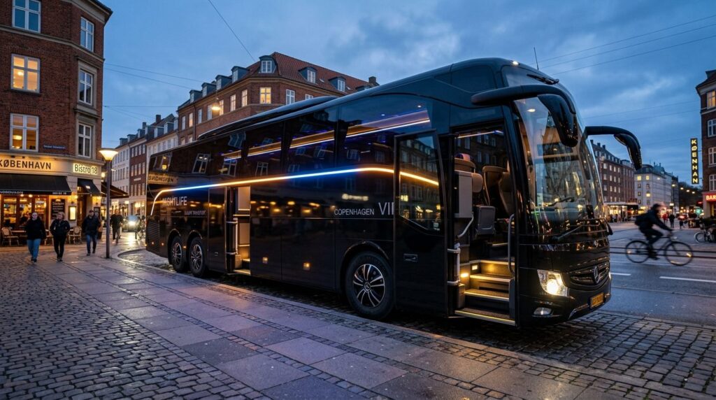 Exterior professional photograph of a sleek modern party bus