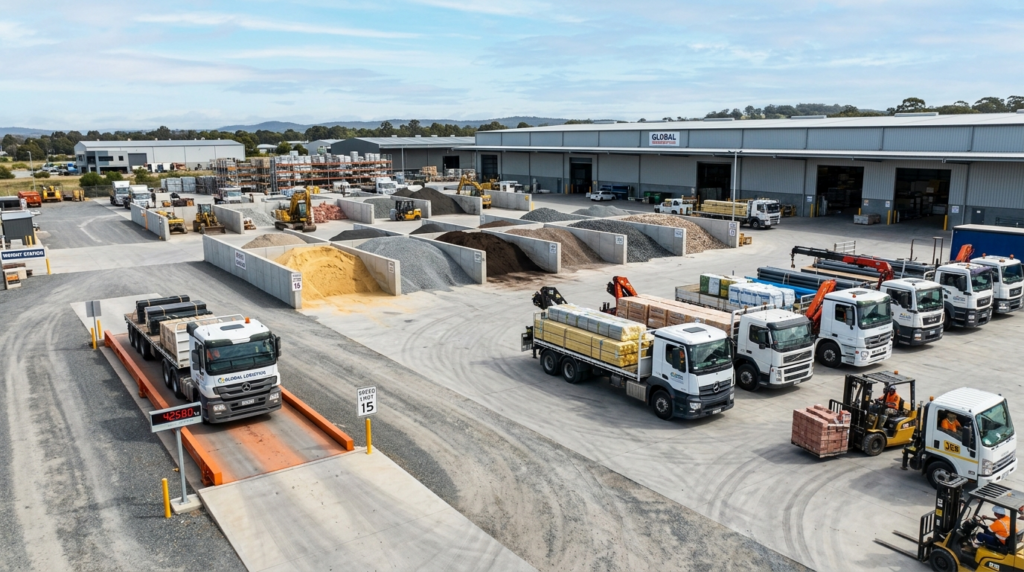 Wide landscape shot of a logistics yard with multiple delive