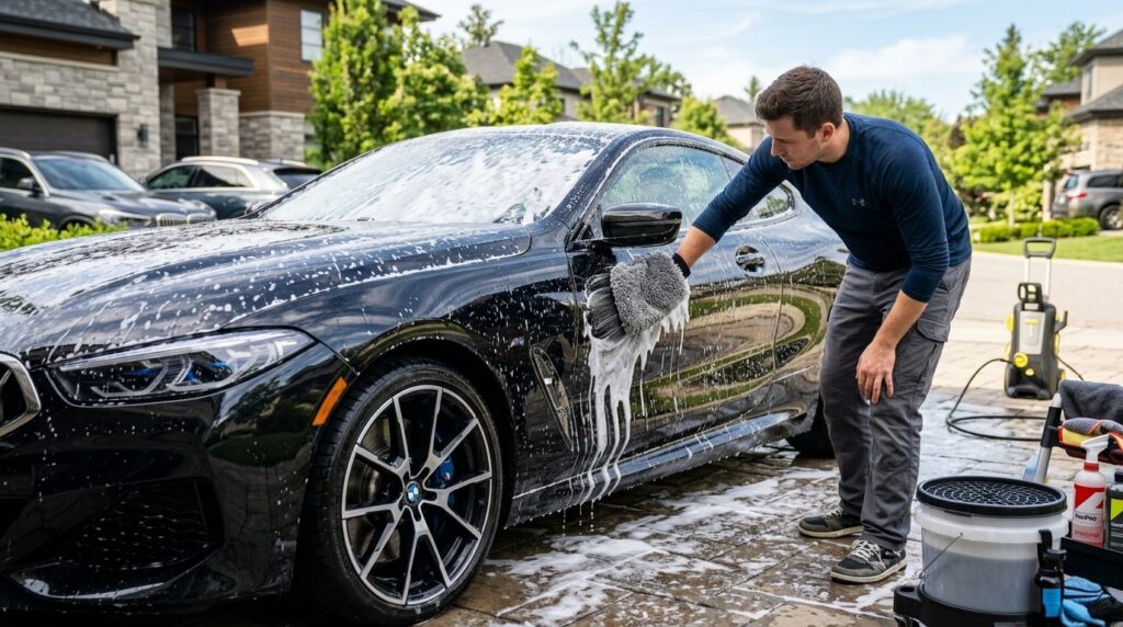 Person in casual clothes carefully washing luxury car exteri