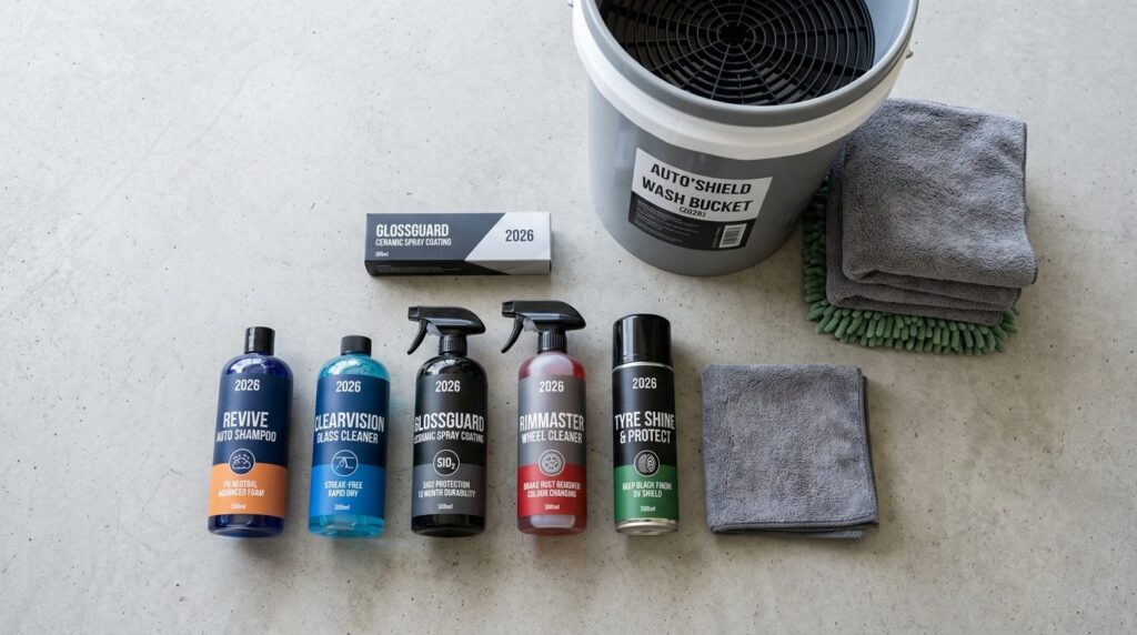 Detailed flat lay of essential 2026 car maintenance products