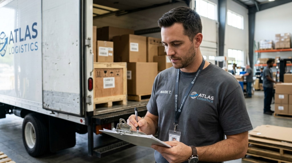 Close-up detail shot of logistics worker in branded gray com