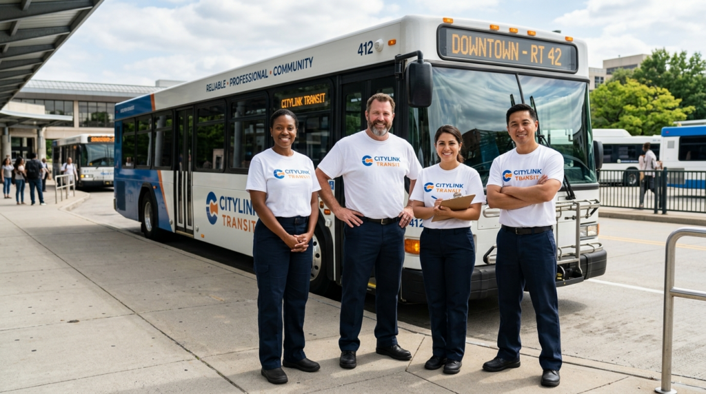Professional bus driver and transport staff team wearing mat