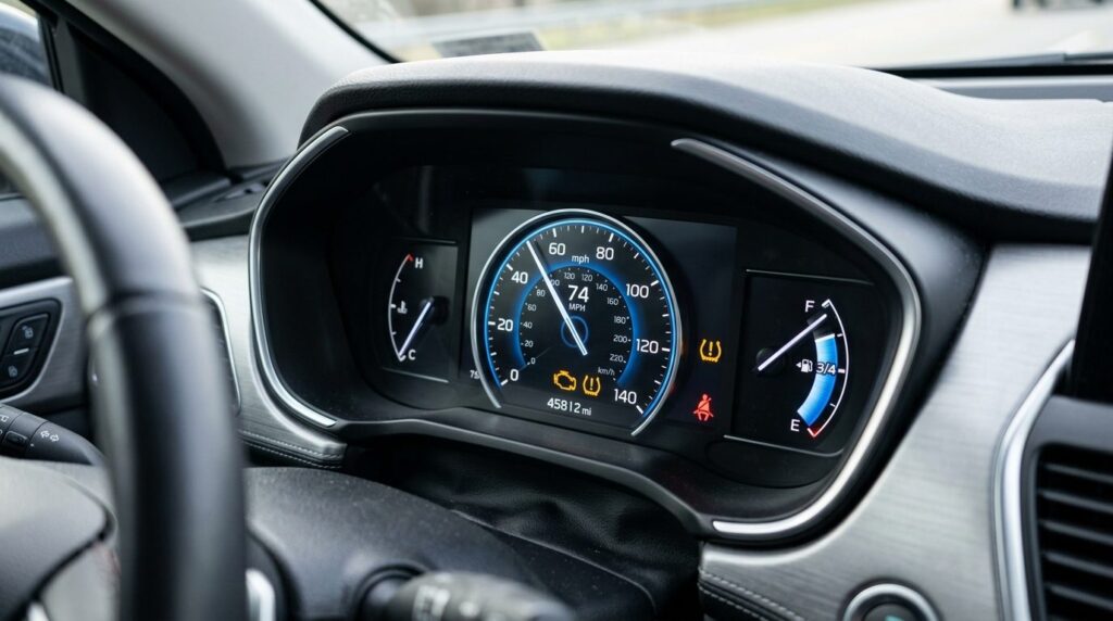 Close-up fotorealistic image of a car dashboard showing fuel
