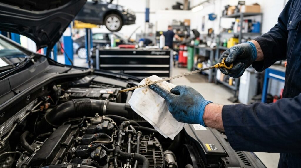 Fotorealistic stock photo of a mechanics hands holding a car