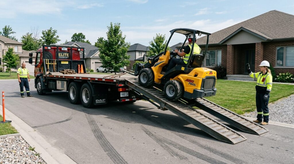 Wide shot of a professional transport company moving a compa