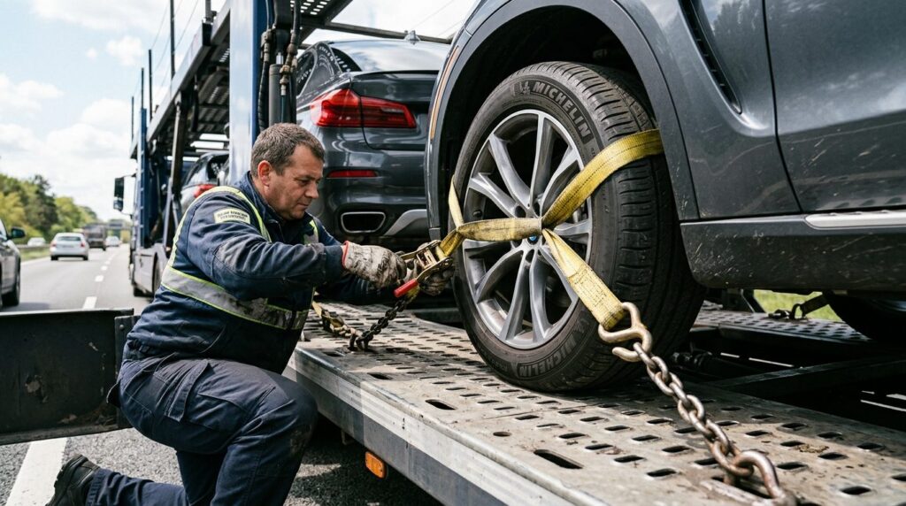 Close-up photorealistic shot of a car being professionally s