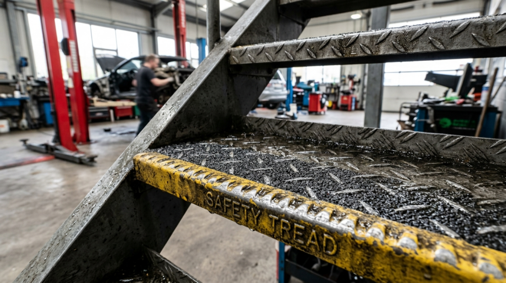 Close-up detailed shot of anti-slip stair tread profile text