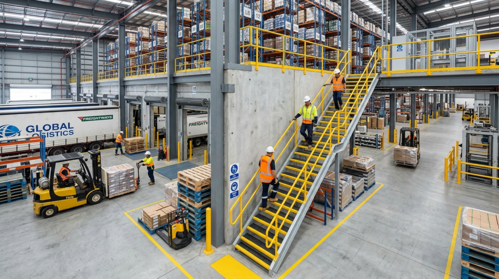 Wide angle view of a logistics warehouse loading area with m