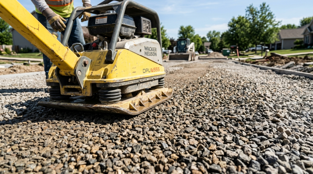 Close-up detail shot of stabilized gravel being compacted wi