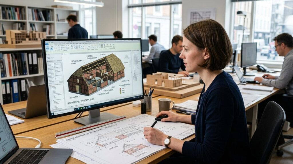 Architect reviewing digital 3D model of heritage livestock b
