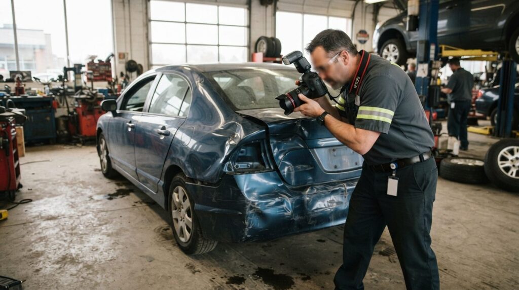Professional automotive damage assessment scene showing appr