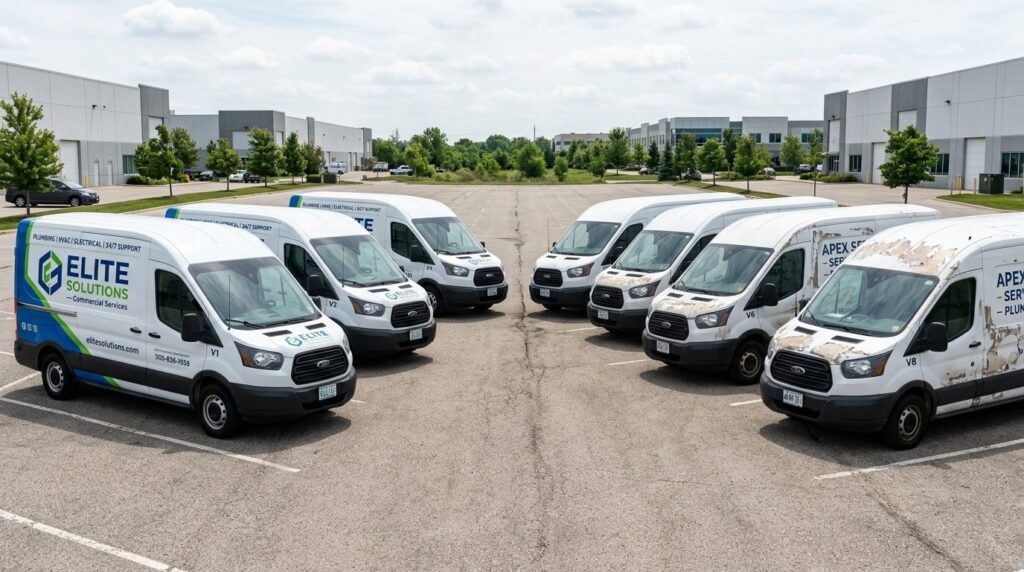 Side-by-side comparison scene: a fleet of commercial busines