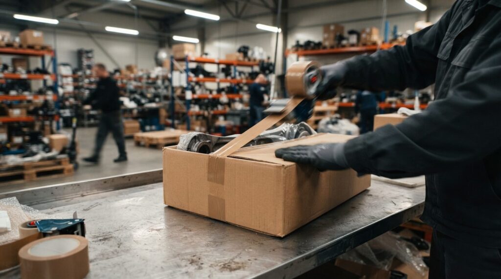 Mechanic or logistics workers hands applying strong adhesiv