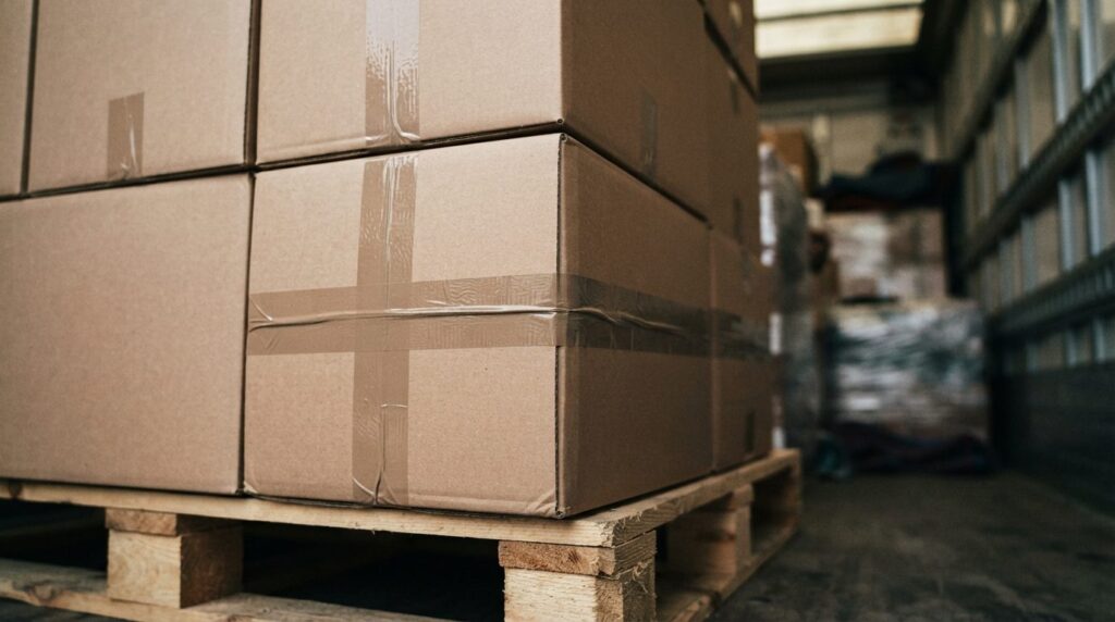 Close-up comparison shot of sealed cardboard boxes stacked o