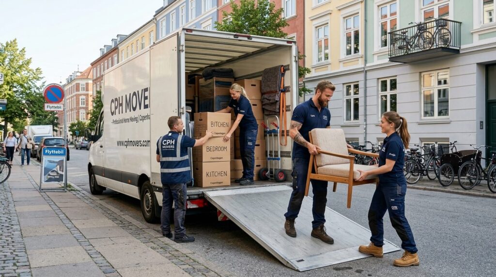 Uniformerede arbejdere fra flyttefirma læsser kasser og møbler på lastbil.