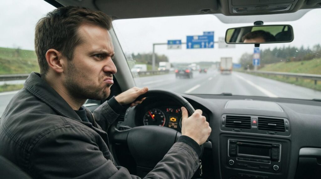 Photorealistic stock photo, 16:9 format: Male driver on high