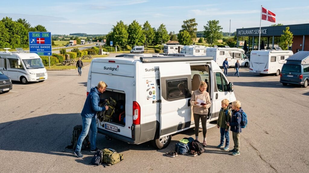 Wide angle shot of a young family loading luggage into a com
