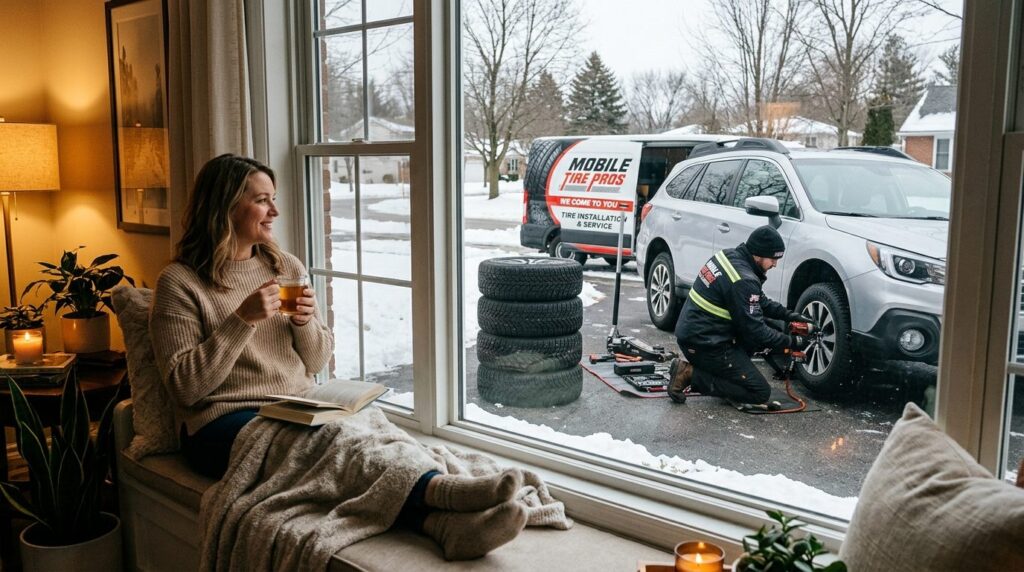 Customer relaxing at home looking out window while professio