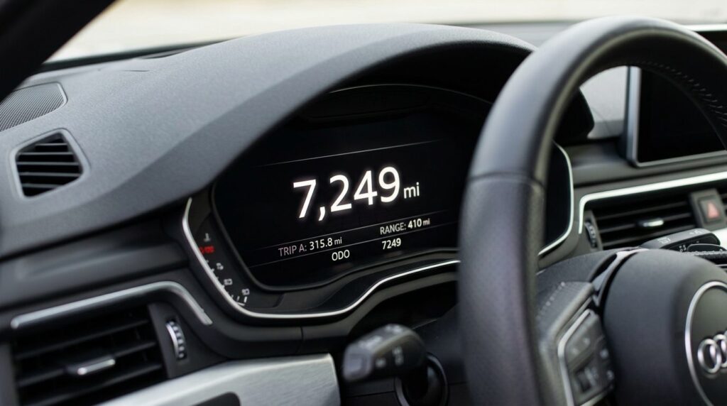 Close-up professional stock photo of a car odometer showing 