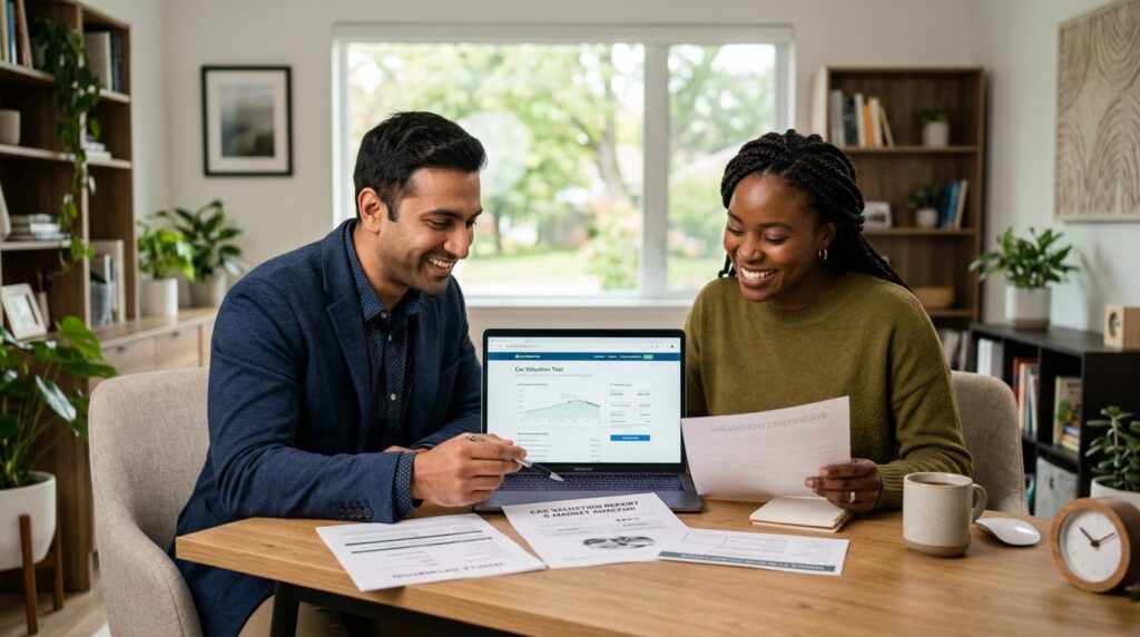 Professional stock photo of a diverse couple reviewing car v
