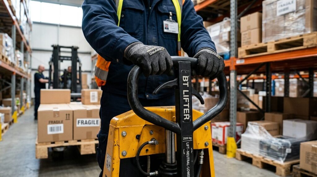 Hænder griber omkring håndtaget på en palleløfter, tæt billedformat.