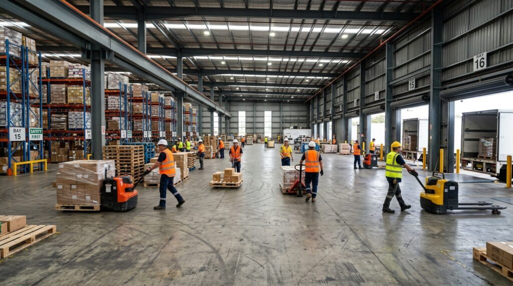 Wide-angle photorealistic scene of a logistics terminal inte