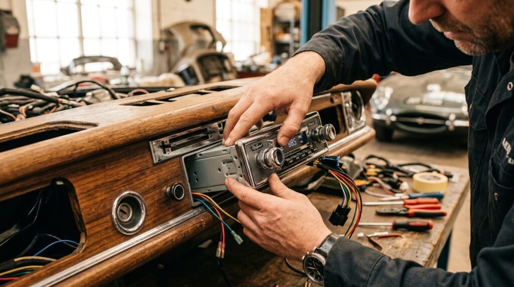 Hænder installerer en retro bilradio i instrumentbrættet.