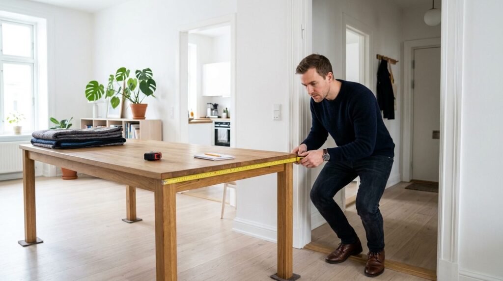 Realistic stock photo of a man measuring a large dining tabl